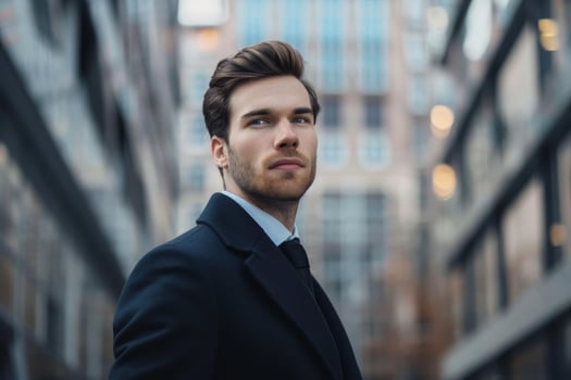 Businessman wearing overcoat looking up in city photo