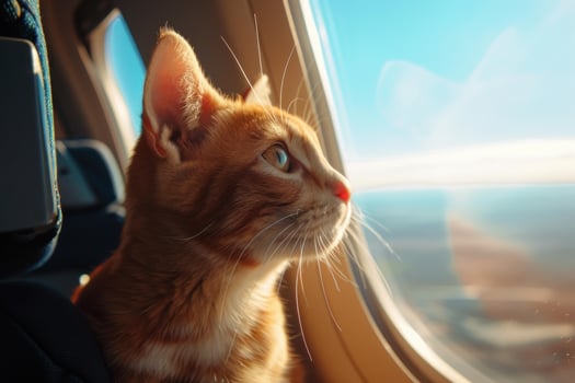 Ginger cat enjoying airplane flight looking out window photo