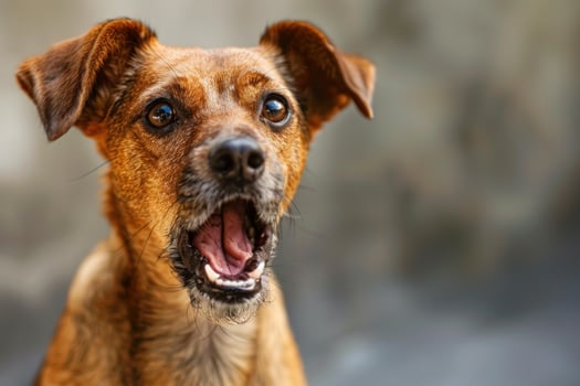 Small brown dog opening mouth wide with tongue out photo