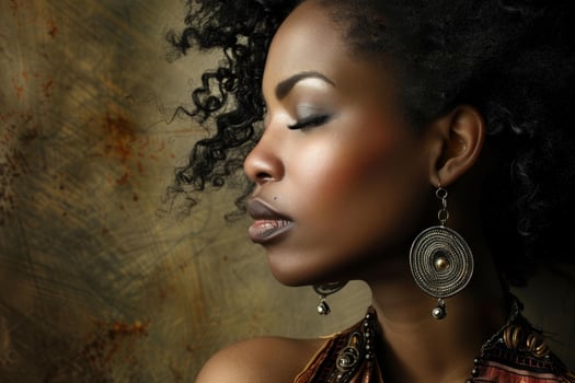 Beautiful black woman with afro hairstyle posing on brown background photo
