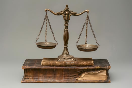 Antique balance scale symbolizing justice resting on old book photo