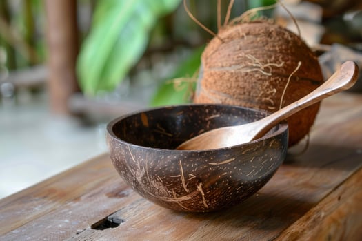 Coconut shell bowl and spoon resting on rustic wooden table with whole coconut photo