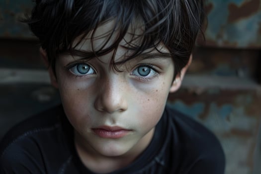 Young boy with freckles and blue eyes posing seriously photo