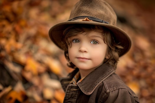 Little boy wearing brown hat standing in autumn leaves photo