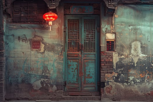 Old, weathered doorway with red lantern hanging in china photo