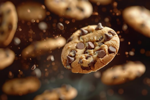 Chocolate chips cookies falling with chocolate drops on dark background photo