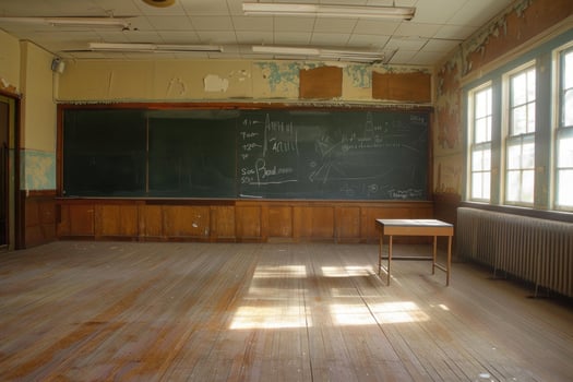 Empty classroom with sunlight shining on worn wooden floor photo