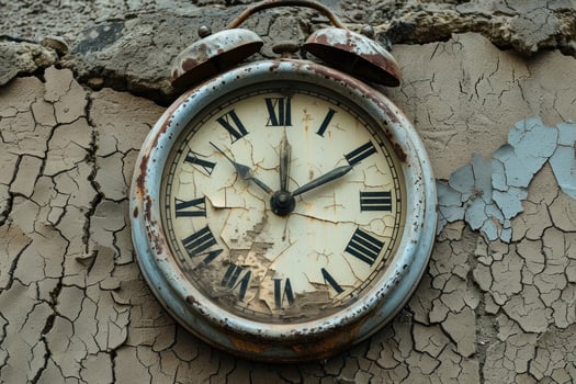 Old clock showing time passing on cracked wall photo