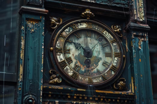 Antique clock showing time passing on building exterior photo