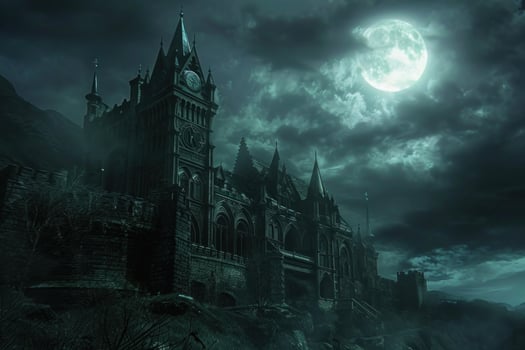 Gothic castle standing on a hill under full moon photo