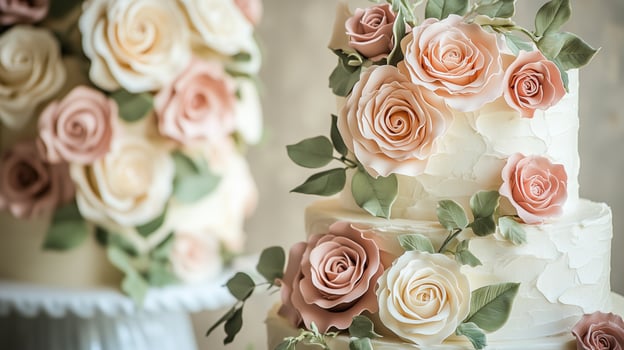 Detailed beautiful wedding cake with roses. photo