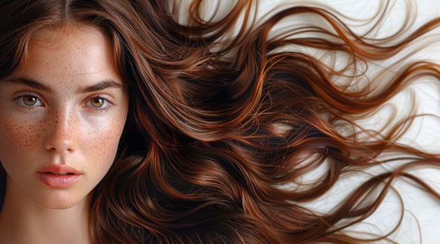 A woman with long brown hair and a greenish-blue eye. The hair is long and flowing, and the woman has a pixie cut photo