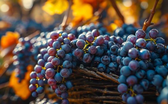 A bunch of grapes with some leaves in the background photo