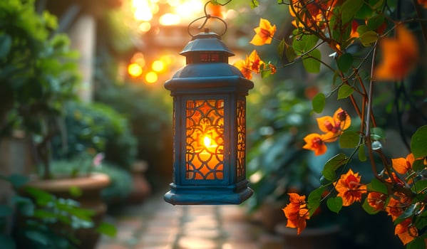 A lantern with a candle inside is hanging from a tree branch. The lantern is lit, creating a warm and inviting atmosphere. The scene is set in a garden, with various plants photo