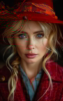 A woman with blonde hair and blue eyes is wearing a red hat. She is smiling and looking directly at the camera photo