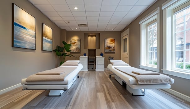 A spa room with two massage beds and a potted plant. The room has a calming and relaxing atmosphere photo