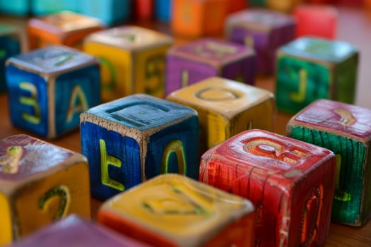 Colorful alphabet blocks forming words on wooden surface photo