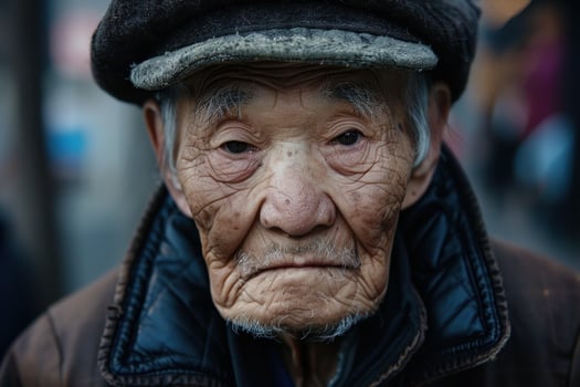 Senior asian man wearing flat cap is posing outside photo
