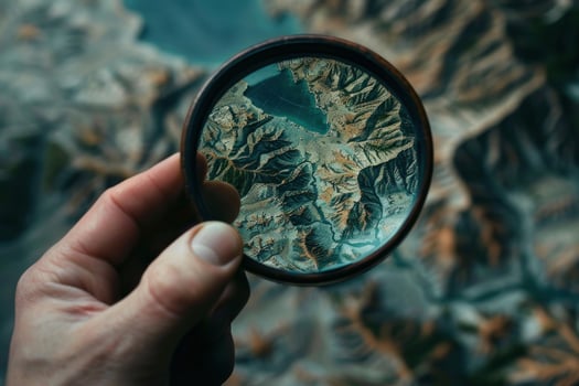Geologist examining terrain through magnifying glass photo