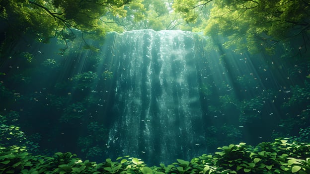 Serene Waterfall in Enchanting Forest with Lush Moss, photo