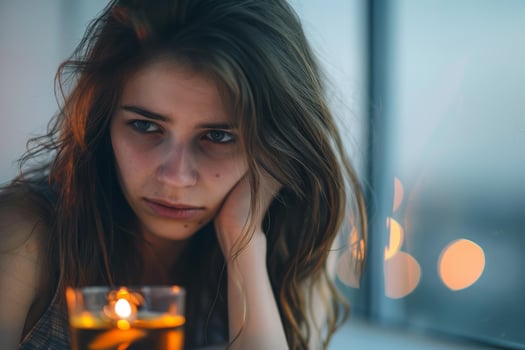 Young woman feeling sad and depressed is sitting alone by the window at night photo