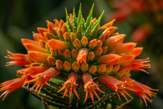Aloe arborescens flower head blooming with orange flowers and green leaves photo