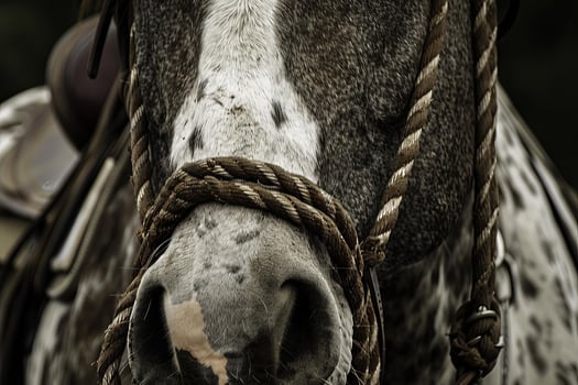 Horse wearing rope halter standing in the ranch corral photo