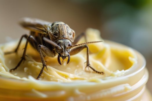 Large brown beetle eating peanut butter from open jar photo