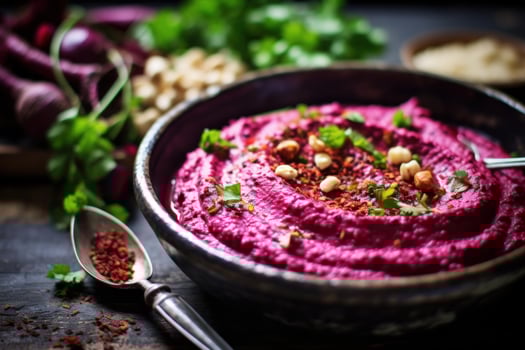 Vibrant beetroot hummus in rustic bowl photo