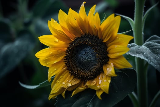 Vivid sunflower with dew drops on dark background photo