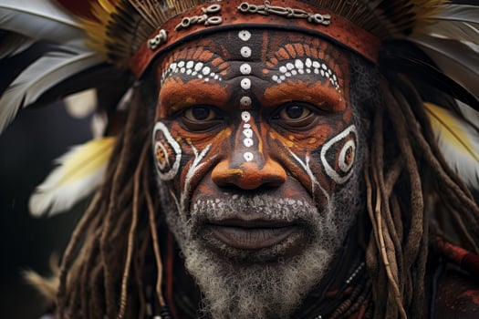 Indigenous man with traditional face paint and headdress photo