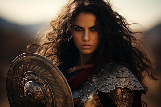Warrior woman in armor with shield photo