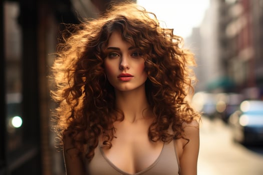 Radiant curly-haired woman in urban setting photo