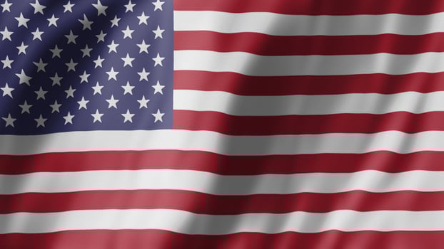 3D rendering of American Flag flapping in Wind, concept of 4th of July and Independence Day. United States of America national flag featuring red and white stripes with stars over blue patch photo