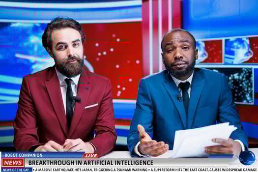 Diverse presenters of morning program cover recent developments, offers insight on artificial intelligence progress and IT industry. Newscasters presenting reportage on use of deep learning. photo