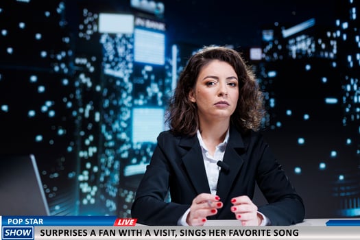 Anchorwoman reveals star surprising fan, favorite artist creating wholesome sweet moment for his listeners. Media presenter talking about musical celebrity on live television show. photo