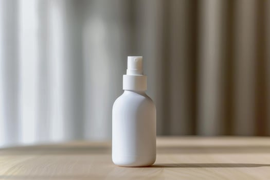Blank white spray bottle on wooden table photo