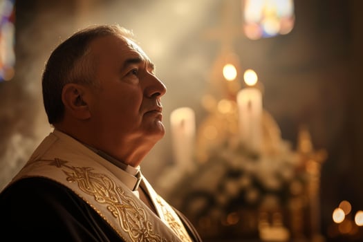 Solemn clergyman in candlelit church photo