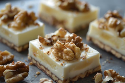 Decadent walnut caramel squares on slate photo