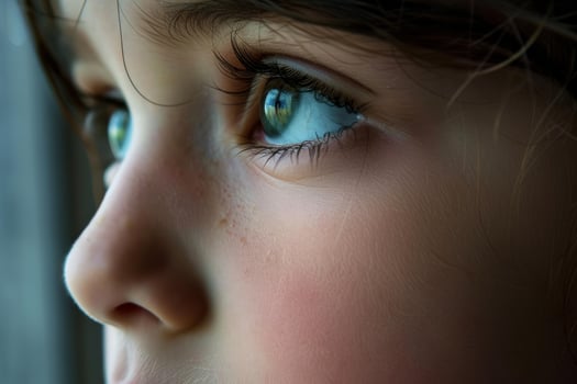 Closeup of thoughtful child gazing out window photo