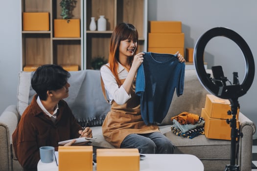 Small business owners couple entrepreneurs working with parcel, e-business, marketing, online shop, sme, entrepreneurs photo