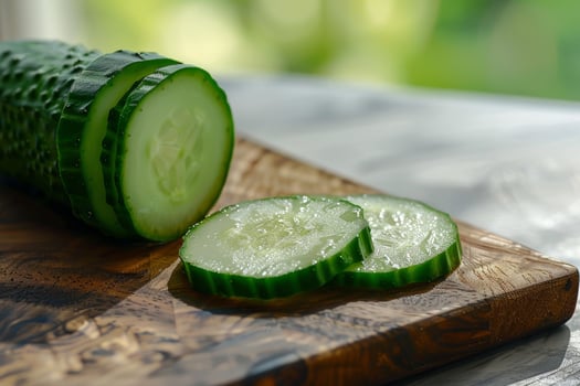 Fresh sliced cucumber on wooden board photo