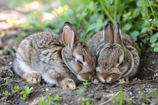Sleeping baby rabbits nestled in garden photo