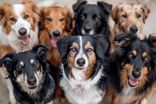 Group of mixed breed dogs posing together photo