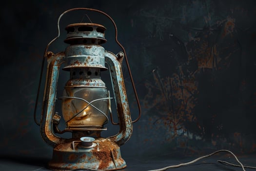 Vintage rusty lantern on dark background photo