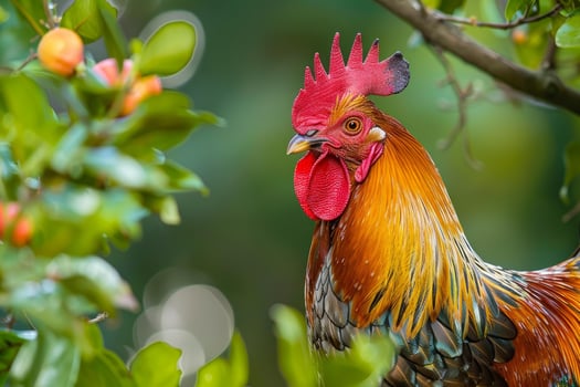 Vibrant rooster with striking plumage stands among fruit trees in natural light photo