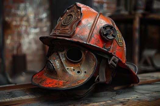 Vintage firefighter helmet on wooden surface photo