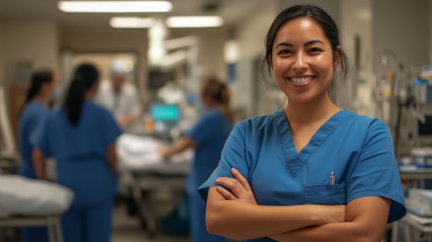 Compassionate healthcare professional exudes warmth in a busy medical setting photo