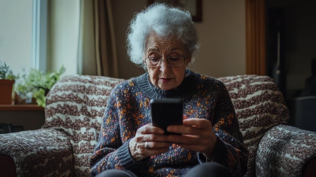 An elderly woman studies her smartphone with focused interest from her cozy chair photo