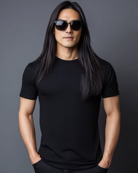 Model with long hair poses confidently, displaying a plain t-shirt effortlessly photo